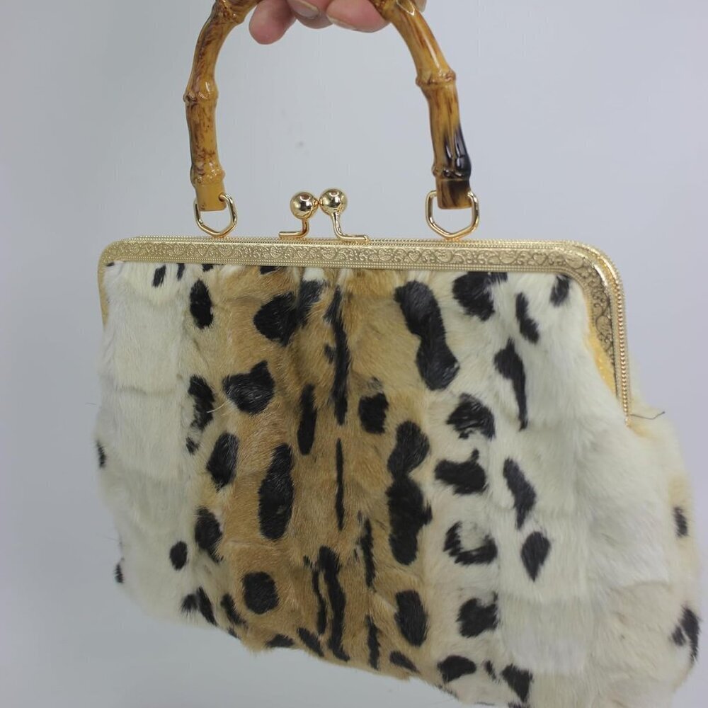 Women's Mink Fur Clutch Animal Print Mini Handbag with Kisslock Closure - Picture 9 of 9
